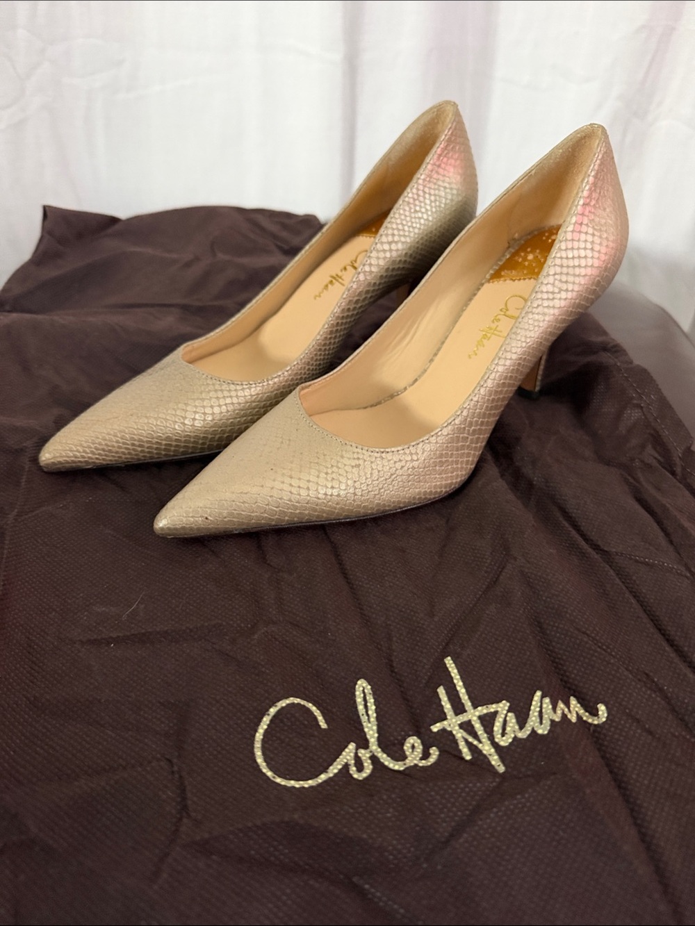 Cole Haan Metallic Gold Snake-Embossed Pointed-Toe Pumps